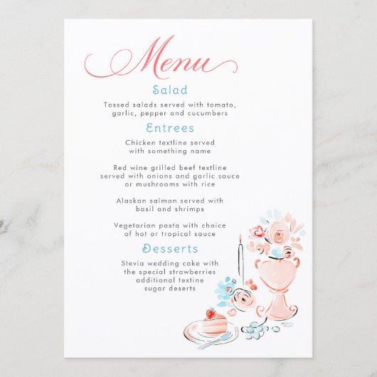 Whimsical Funky Hand Drawn Dusty Blue Wedding Menu (Voorkant)