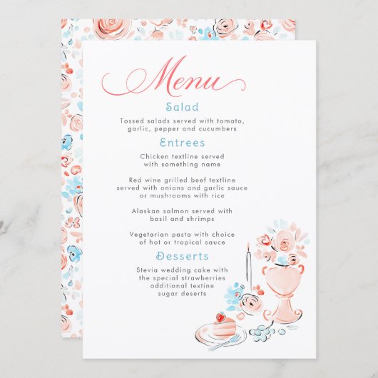 Whimsical Funky Hand Drawn Dusty Blue Wedding Menu (Voorkant / Achterkant)