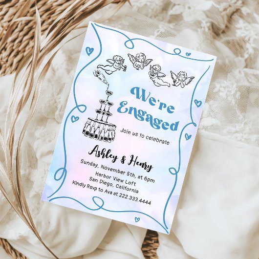 Whimsical Funky Hand Drawn Engagement Party Kaart