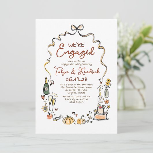 Whimsical Funky Hand Drawn Fall Engagement Party Kaart (Staand voorkant)