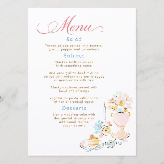 Whimsical Funky Hand Drawn Pastel Wedding Menu (Voorkant)
