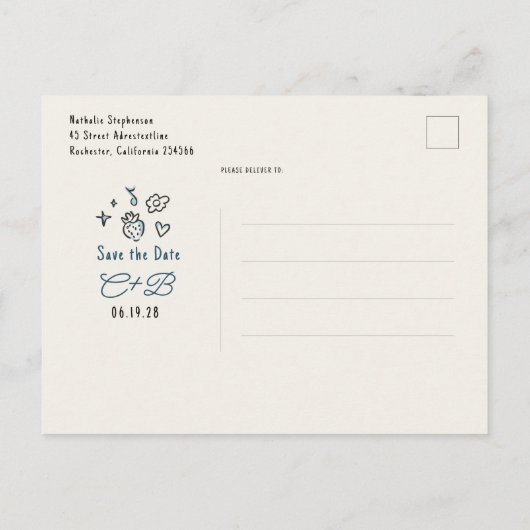 Whimsical Funky Hand Drawn Save The Date Aankondigingskaart (Achterkant)