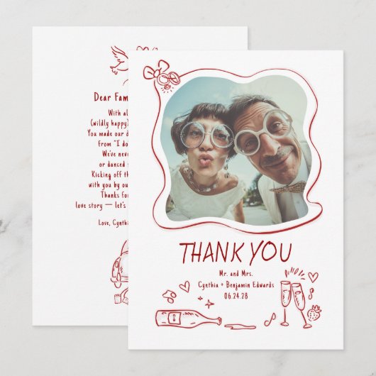 Whimsical Funky Hand Drawn Wedding Photo Bedankkaart (Voorkant / Achterkant)