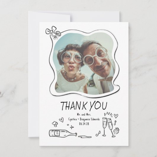 Whimsical Funky Hand Drawn Wedding Photo Bedankkaart (Voorkant)