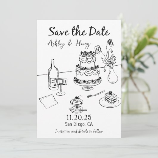 Whimsical Funky Hand Drawn Wedding Save the Date Kaart (Staand voorkant)