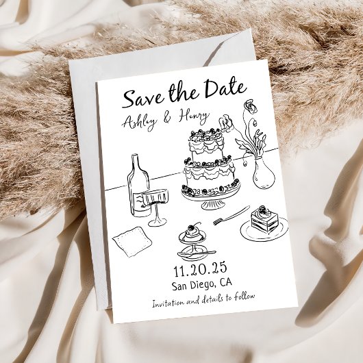 Whimsical Funky Hand Drawn Wedding Save the Date Kaart
