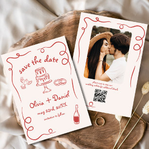 Whimsical Funky Hand Getekende Rode Huwelijksfoto Save The Date