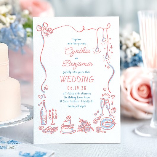 Whimsical Funky Hand getrokken Doodles bruiloft Kaart