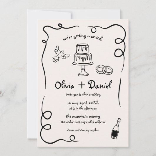 Whimsical Funky Hand Getrokken Foto QR Code Trouwe Kaart (Voorkant)