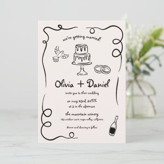 Whimsical Funky Hand Getrokken Foto QR Code Trouwe Kaart (Staand voorkant)