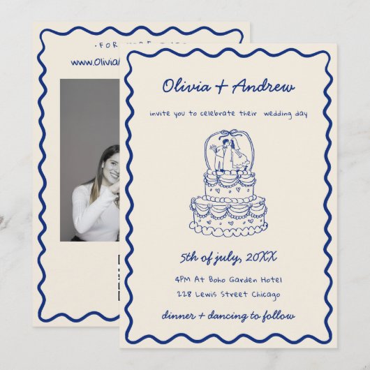 Whimsical Funky Hand Getrokken Foto Taart Trouwen Kaart (Voorkant / Achterkant)