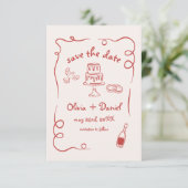 Whimsical Funky Hand getrokken rode bruiloft foto Save The Date (Staand voorkant)