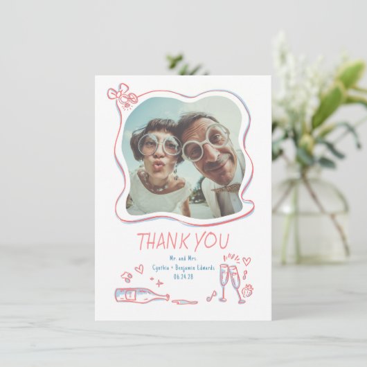 Whimsical Funky Hand Getrokken Trouwfoto Bedankkaart (Staand voorkant)