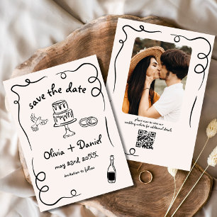 Whimsical Funky Hand Getrokken Trouwfoto Save The Date