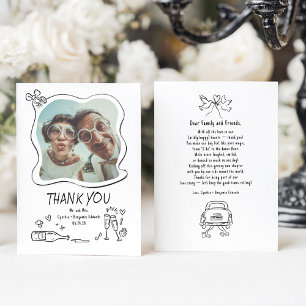 Whimsical funky handgetekende trouwfoto bedankkaart
