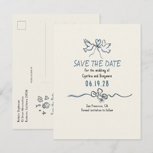 Whimsical Funky Met De Hand Getekende Save The Dat Aankondigingskaart (Voorkant / Achterkant)