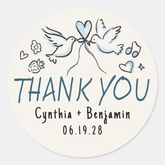 Whimsical Funky Schattigee Hand Getrokken bruiloft Ronde Sticker (Voorkant)