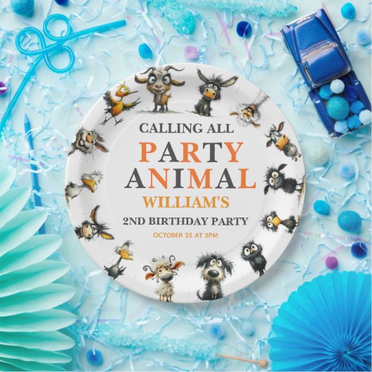 Whimsical Funny Animals 2nd Birthday Party Papieren Bordje (Feest)