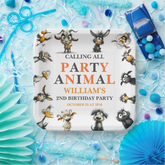 Whimsical Funny Animals 2nd Birthday Party Papieren Bordje (Feest)