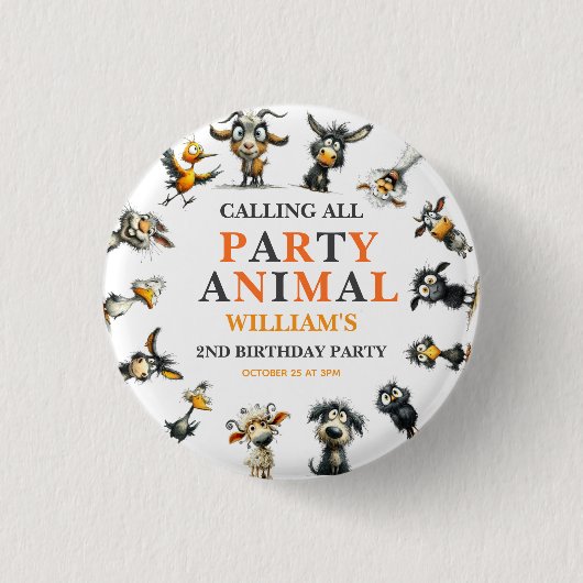 Whimsical Funny Animals 2nd Birthday Party Ronde Button 3,2 Cm (Voorkant)