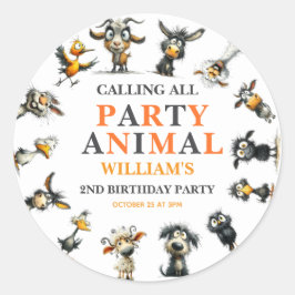 Whimsical Funny Animals 2nd Birthday Party Ronde Sticker