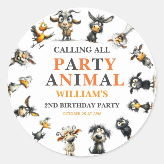 Whimsical Funny Animals 2nd Birthday Party Ronde Sticker (Voorkant)