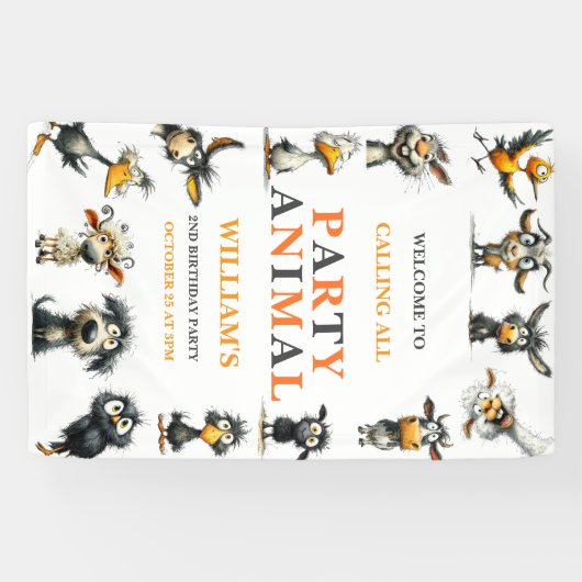 Whimsical Funny Animals 2nd Birthday Party Spandoek (Horizontaal)