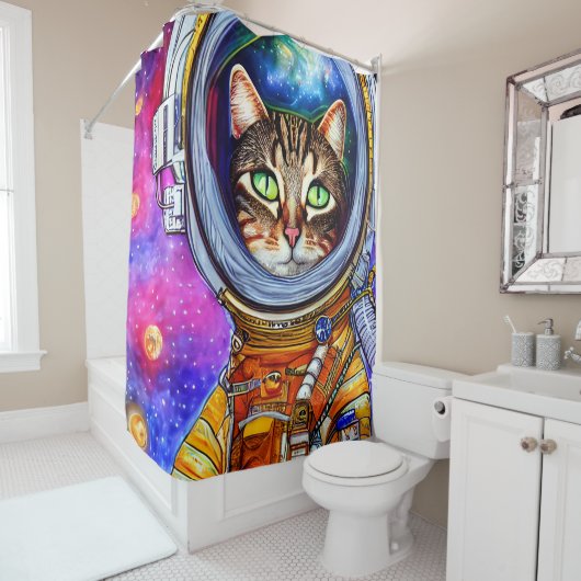 Whimsical Funny Astronaut Cat Douchegordijn (In situ)