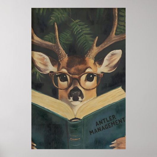 Whimsical Funny Deer Bookworm Wall Art Print (Voorkant)
