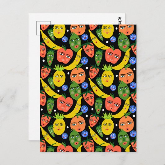 Whimsical Funny Fruit Salad Pattern Black Briefkaart (Voorkant / Achterkant)