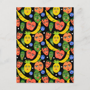 Whimsical Funny Fruit Salad Pattern Black Briefkaart