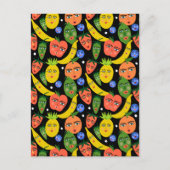 Whimsical Funny Fruit Salad Pattern Black Briefkaart (Voorkant)