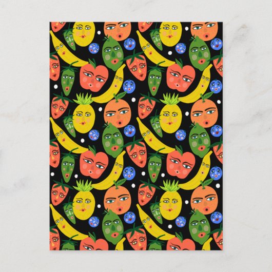 Whimsical Funny Fruit Salad Pattern Black Briefkaart (Voorkant)