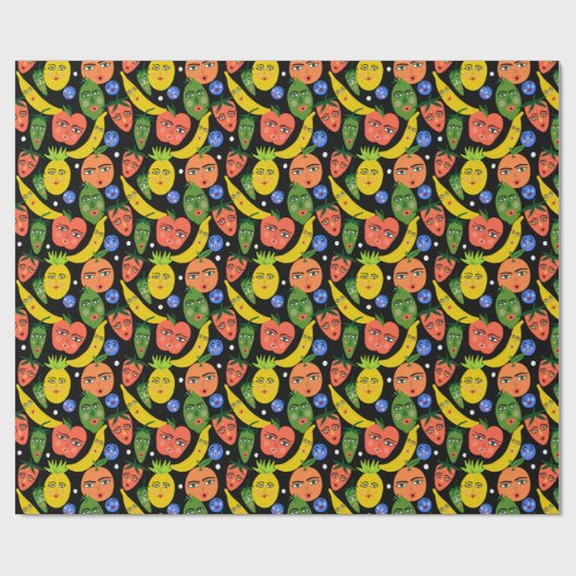 Whimsical Funny Fruit Salad Pattern Black Cadeaupapier (Vlak)