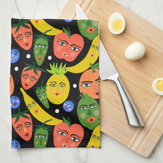 Whimsical Funny Fruit Salad Pattern Black Theedoek (Quarter Fold)