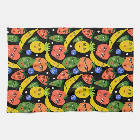 Whimsical Funny Fruit Salad Pattern Black Theedoek (Horizontaal)
