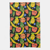 Whimsical Funny Fruit Salad Pattern Black Theedoek (Verticaal)