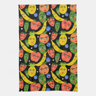 Whimsical Funny Fruit Salad Pattern Black Theedoek