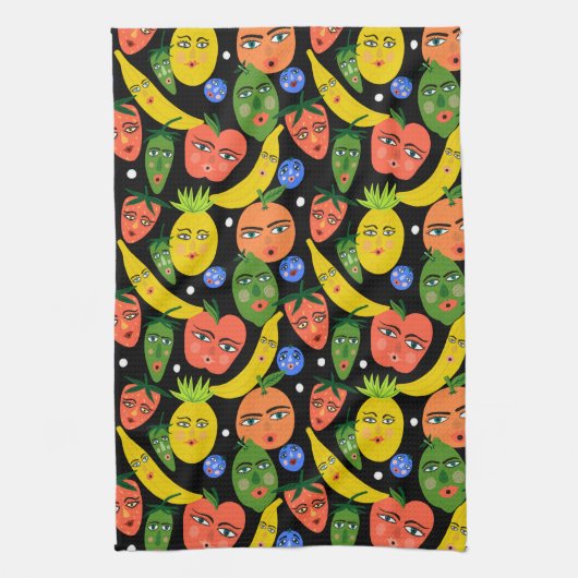 Whimsical Funny Fruit Salad Pattern Black Theedoek (Verticaal)