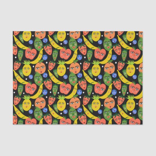 Whimsical Funny Fruit Salad Pattern Black Tissuepapier (Voorkant)