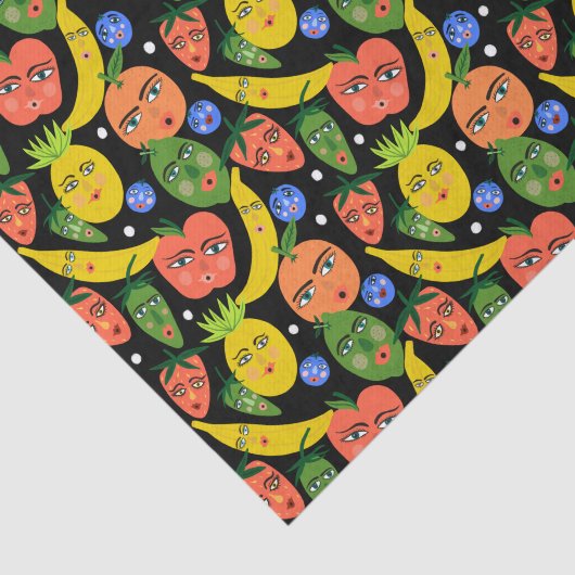Whimsical Funny Fruit Salad Pattern Black Tissuepapier (Detail)