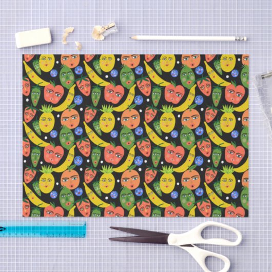 Whimsical Funny Fruit Salad Pattern Black Tissuepapier (Craft)