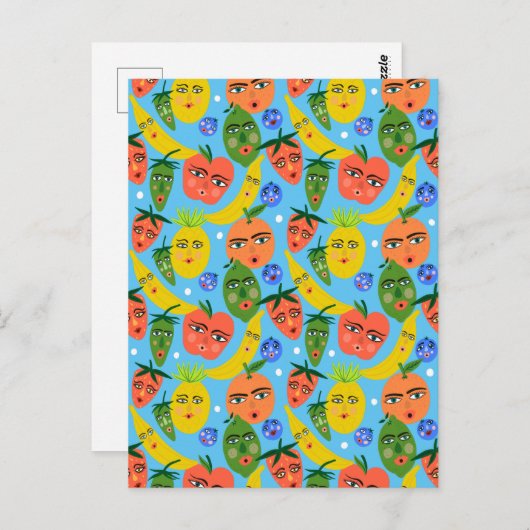 Whimsical Funny Fruit Salad Pattern Blue Briefkaart (Voorkant / Achterkant)