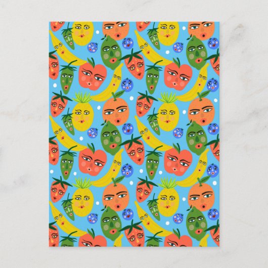 Whimsical Funny Fruit Salad Pattern Blue Briefkaart (Voorkant)