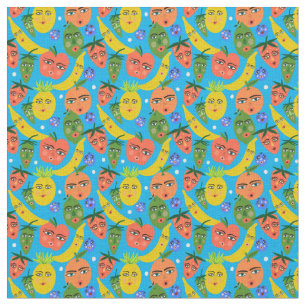 Whimsical Funny Fruit Salad Pattern Blue Stof