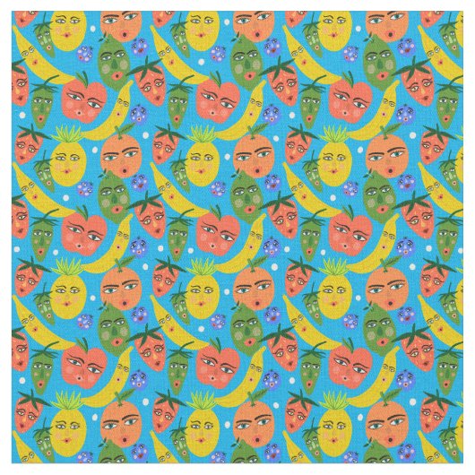 Whimsical Funny Fruit Salad Pattern Blue Stof (Close Up)