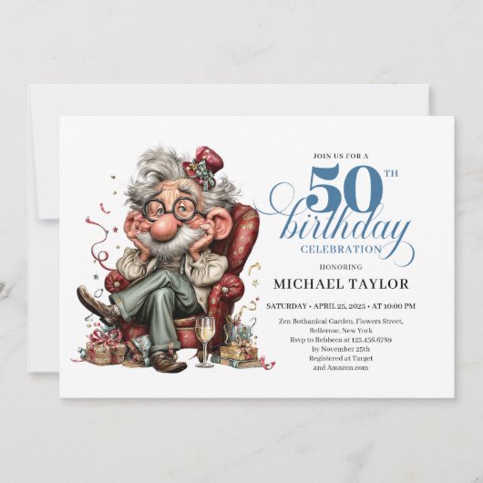 Whimsical Funny Man 50 Party Milestone Invitation Kaart (Voorkant)