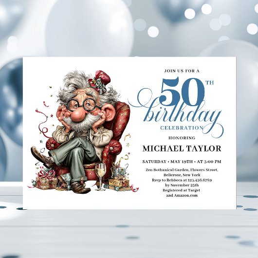 Whimsical Funny Man 50 Party Milestone Invitation Kaart