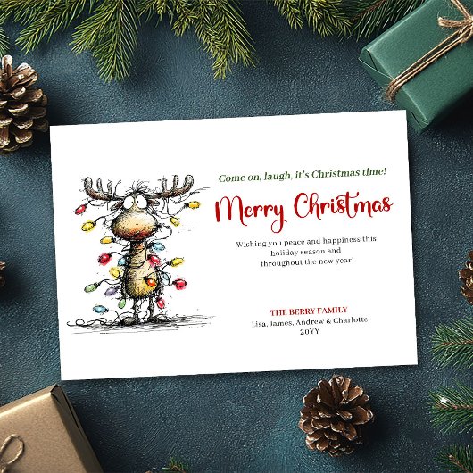 Whimsical Funny Reindeer Christmas Greeting Card Feestdagenkaart