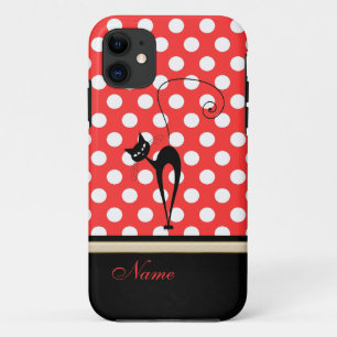 Whimsical Funny trendy black cat polka dots iPhone 11 Hoesje